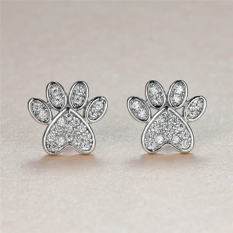 Heart-Shaped Cat Paw Stud Earrings with White Zircon