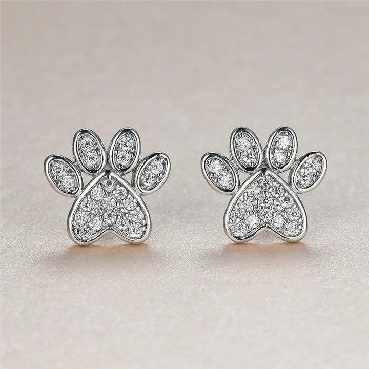 Heart-Shaped Cat Paw Stud Earrings with White Zircon