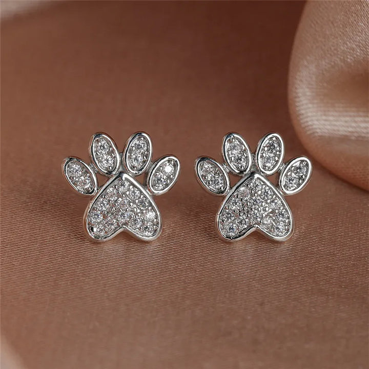 Heart-Shaped Cat Paw Stud Earrings with White Zircon
