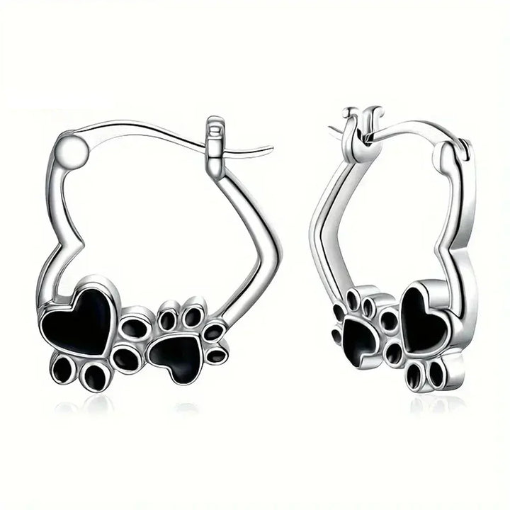 Heart-Paw Hoops – Silver Animal Motif Earrings with Black Enamel Design