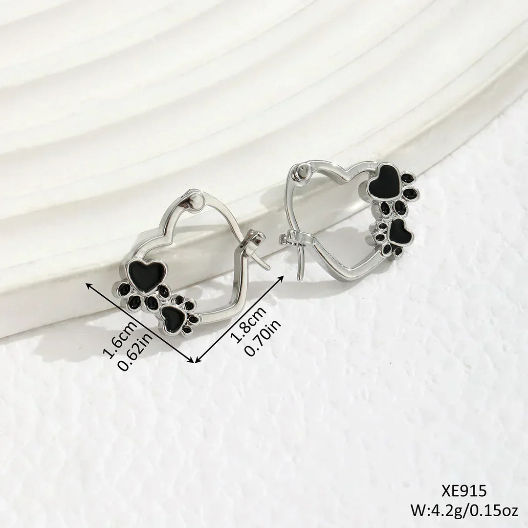 Heart-Paw Hoops – Silver Animal Motif Earrings with Black Enamel Design